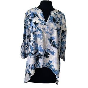 Alfani White with Blue Floral V Neck High Low Blouse Size 14